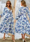 Wholesale Women's Casual & Fashion Floral Print Wrap V Neck Long Sleeve Ruffle Hem Midi Dress With Belt - Liuhuamall