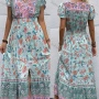 Wholesale Women's Casual Vintage Flroal Print V Neck Button Front Short Sleeve Shirred Split Hem Maxi Dress preview