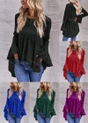 Wholesale Women's Casual Plain Round Neck Ruched Long Sleeve Ruffle Hem Blouse - Liuhuamall