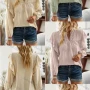 Wholesale Women's Casual Plain Swiss Dot V Neck Ruffle Trim Long Sleeve Blouse preview
