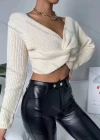 Wholesale Women Plain V Neck Twist Front Long Sleeve Knitted Crop Tops - Liuhuamall