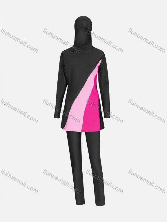 Wholesale Women's Athletic Muslim Colorblock Full Coverage Swimwear Burkini Swimsuit 2 Piece Set 3204#