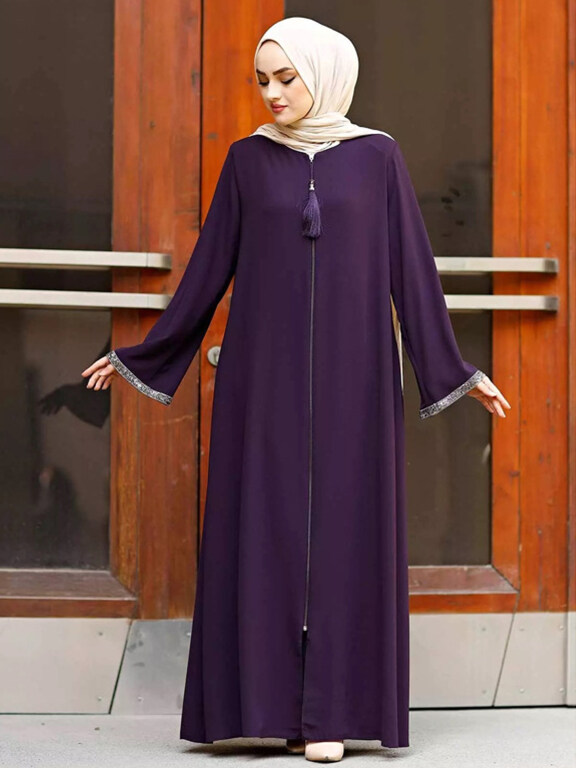 Women's Muslim Islamic Casual Plain Long Sleeve Zip Decor Maxi Cardigan, Clothing Wholesale Market -LIUHUA, SPECIALTY, Ethnic-Clothing