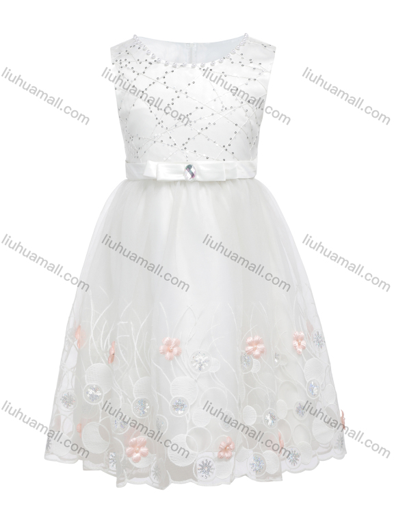 Wholesale Girls Sleeveless Appliques Bow Front Zip Back Sequin Lace Flower Girl Dress