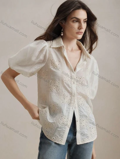 Wholesale Women's Elegant Eyelet Embroidered Blouse with Puff Sleeve