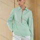 Wholesale Women's Button Up Plain Blouse with Long Sleeves and Keyhole Detail Mint Green Clothing Wholesale Market Liuhua