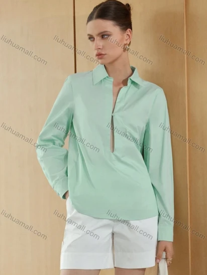 Wholesale Women's Button Up Plain Blouse with Long Sleeves and Keyhole Detail