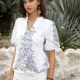 Wholesale Women's Button Up Floral Print Blouse with Puff Sleeves White Clothing Wholesale Market Liuhua