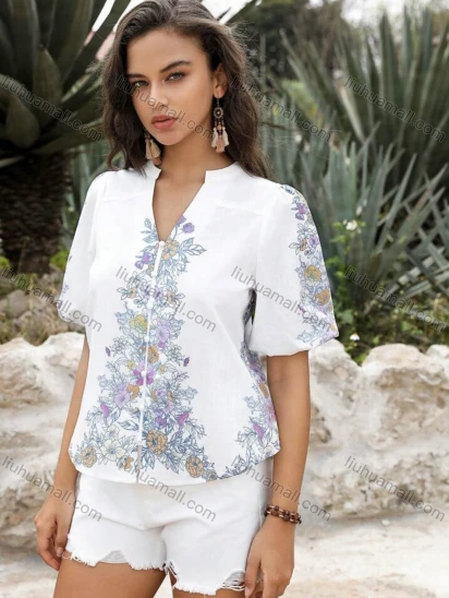 Wholesale Women's Button Up Floral Print Blouse with Puff Sleeves