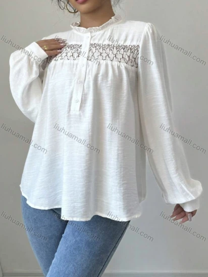 Wholesale Women's Button Up Blouse with Long Sleeves and Smocked Detail