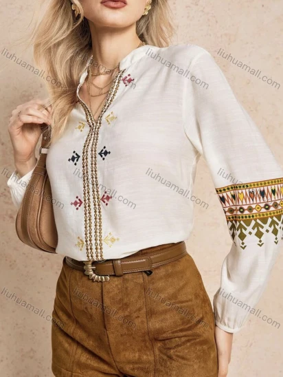 Wholesale Women's Embroidered Blouse with Long Sleeves and Decorative Details