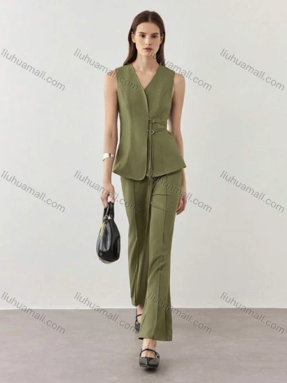 Wholesale Women's Chic Plain Two Piece Set Vest with Lacing Detail