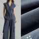 Wholesale Women's Linen Chic Plain Two Piece Set Cap Sleeve Vest with Flap Pockets Detail Dark Blue Clothing Wholesale Market Liuhua