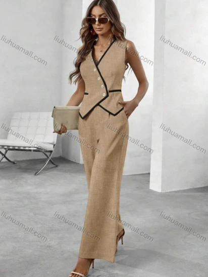 Wholesale Women's Chic Plain Two Piece Set Asymmetrical Design Vest with Contrasting Detail