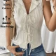 Wholesale Women's Plain Sleeveless 100%Cotton Lapel Vest wtih Lace Up Closure design Beige Clothing Wholesale Market Liuhua