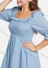 Wholesale Women's Square Neck Puff Sleeve Plain Shirred Ruffle Trim Casual Dress - Liuhuamall