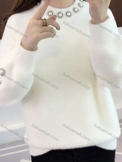 Wholesale Women's Casual Mock Neck Plain Pearl Beaded Decor Long Sleeve Sweater Top 636#