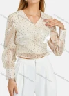Wholesale Women's Turn-down Collar Shirt Sleeve Polka Dot Shirred Ruffle Hem Crop Blouse - Liuhuamall