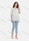 Wholesale Women's Casual Tie Neck Short Sleeve Ruched Eyelet Embroidered Blouse 66017# - Liuhuamall