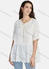 Wholesale Women's Casual Tie Neck Short Sleeve Ruched Eyelet Embroidered Blouse 66017# - Liuhuamall