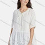 Wholesale Women's Casual Tie Neck Short Sleeve Ruched Eyelet Embroidered Blouse 66017# preview