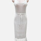 Women's Vacation Plain Scoop Neck Hollow Out Fringe Trim Cover Up Dress J2440# White Clothing Wholesale Market -LIUHUA