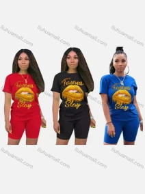 Wholesale Women's Casual Crew Neck Letter Graphic T-shirt & Short Legging Set, LIUHUA CLOTHING WHOLESALE
