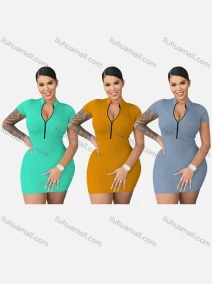 Wholesale Women's Casual Mock Neck Plain Quarter Zip Bodycon Short Dress, LIUHUA CLOTHING WHOLESALE