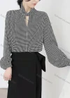 Wholesale Women's Elegant Keyhole Neck Long Sleeve Houndstooth Print Blouse 691794# - Liuhuamall