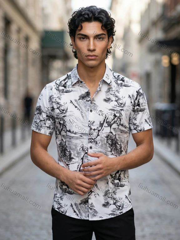 Wholesale Men's Slim Fit Short Sleeve Printed Shirt, Landscape Pattern, Casual Fashion, Wholesale & In Stock 2026