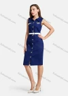 Wholesale Women's Casual Collared Dual Pockets Leather Belt Button Down Denim Dress - Liuhuamall