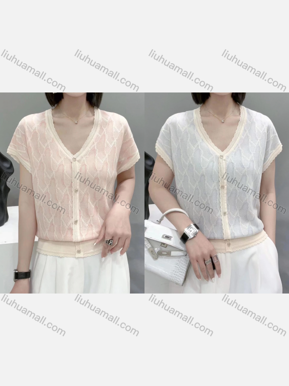 Wholesale Women's Casual Embroidery V Neck Half Sleeve Buttons Down Knit Lace Trim Sweater Cardigan