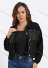 Wholesale Women's Fashion Plain Tassel Rhinestone Rivets Decor Cowgirl Crop Denim Jacket - Liuhuamall