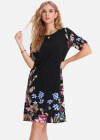 Wholesale Women's Casual Floral Print Round-Neck Half Sleeve Buckle Strap Cuff Short Dress FL8069# - Liuhuamall