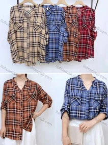 Wholesale Women's Collared Loose Fit Plaid Print Flap Pockets Long Sleeve Shirt 11936#, LIUHUA CLOTHING WHOLESALE