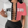 Wholesale Women's Fashion Colorblock Letter Print Chain Closure Crop Top preview