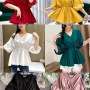 Wholesale Women's Casual V Neck Lantern Sleeve Button Decor Plain Blouse preview