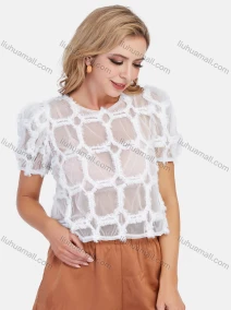 Wholesale Women's Sexy Round Neck Puff Sleeve Sheer Mesh Fluff Crop Blouse, LIUHUA CLOTHING WHOLESALE