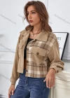 Wholesale Women's Lapel Button Front Splicing Plaid Print Corduroy Casual Crop Jacket With Flap Pocket A21229X# - Liuhuamall