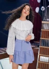 Wholesale Women's Round Neck Lantern Sleeve Eyelet Lace Layered Plain Retro Blouse AY193# - Liuhuamall