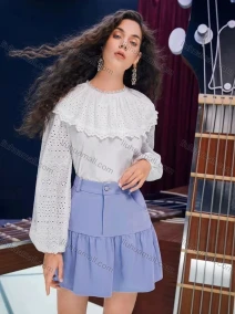 Wholesale Women's Round Neck Lantern Sleeve Eyelet Lace Layered Plain Retro Blouse AY193#, LIUHUA CLOTHING WHOLESALE