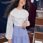 Wholesale Women's Round Neck Lantern Sleeve Eyelet Lace Layered Plain Retro Blouse AY193# preview