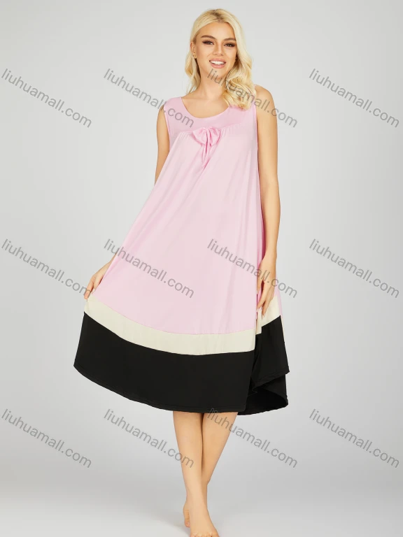 Wholesale Women's Milk Silk Colorblock Bow Knot Ruched Crew Neck Midi Tank Night Dress 20-20#