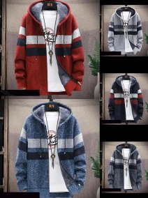 Wholesale Men's Casual Striped Drawstring Long Sleeve Zip Hooded Fleece Sweater Jacket, LIUHUA CLOTHING WHOLESALE