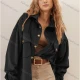 Wholesale Women's Fashion Plain Flap Pockets Corduroy Long Sleeve Overshirt Jacket Black Clothing Wholesale Market Liuhua