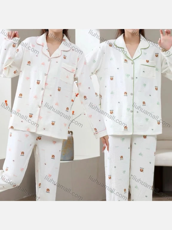 Wholesale Women's Soft Cartoon Heart Lapel Button Down Patch Pocket Long Sleeve Lounge Pajamas 2 Piece Set 619-3#