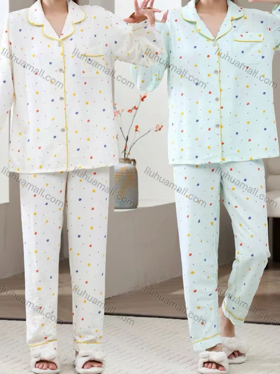 Wholesale Women's Soft Heart Lapel Button Down Patch Pocket Long Sleeve Lounge Pajamas 2 Piece Set 619-5#