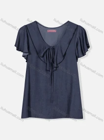 Wholesale Women's Casual Butterfly Sleeve Tie Front Ruffle Trim Plain Blouse J8110#, LIUHUA CLOTHING WHOLESALE