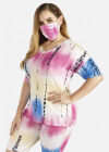 Wholesale Women's Plus Size V-Neck Top & Skinny Bermuda Shorts Tie Dye Set With Mask 4969# - Liuhuamall