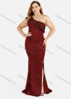 Wholesale Women's Elegant Plain One Shoulder Ruffle Trim Sleeveless Split Hem Rhinestone Mermaid Evening Dress - Liuhuamall